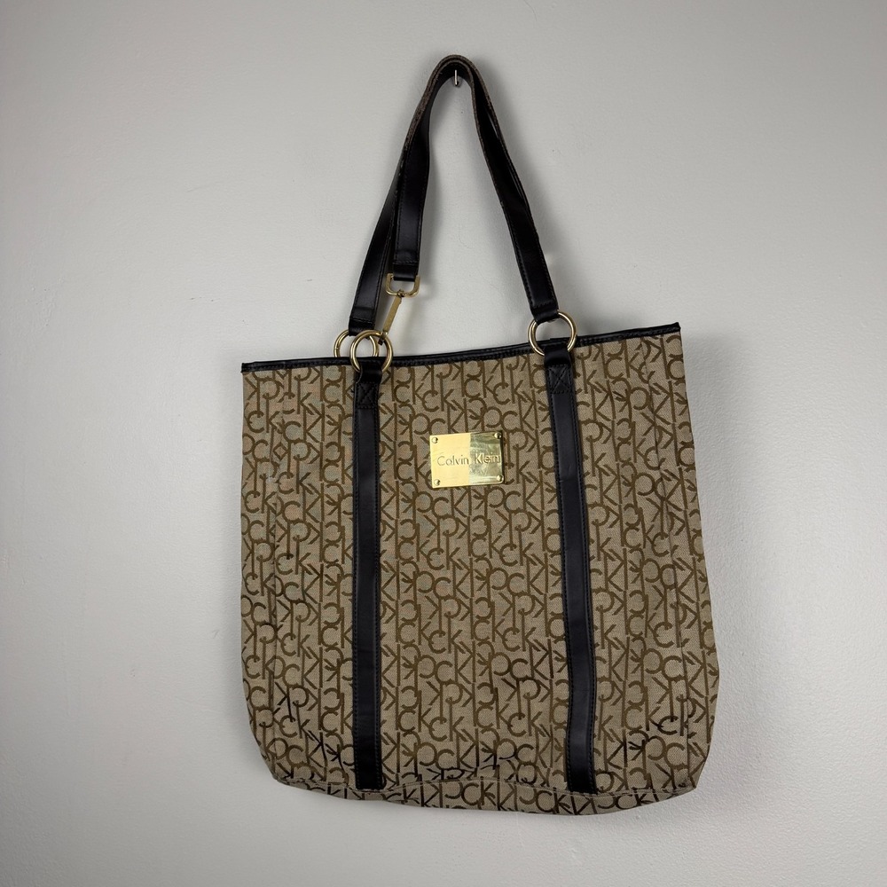 Calvin Klein Tote Bag Women's Beige Brown Canvas CK Monogram Logo Shoulder Strap